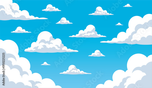 Bright Blue Sky with Puffy Clouds Flat Design Illustration