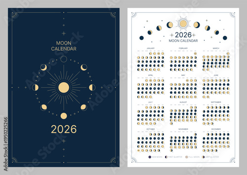 Pocket calendar of moon phase for 2026, lunar cycle planner template. Lunar phase calendar, astrological moon phases calendar banner, poster on dark night and white background vector illustration