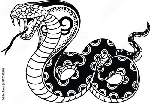 Black and white king cobra snake vector illustration with open mouth and fangs in a traditional tattoo style isolated on a white background.