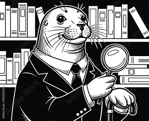 Seal in suit holding magnifying glass in front of bookshelf black and white 1