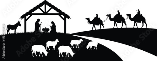 Black and white silhouette of Christmas Nativity scene with baby Jesus in manger Mary Joseph Three Wise Men on camels sheep and donkey outdoors