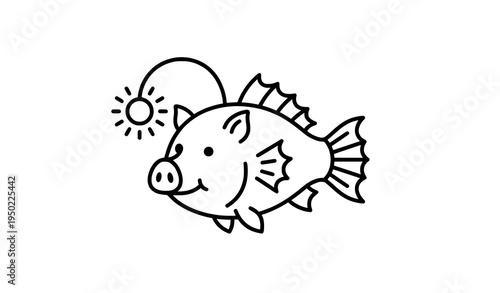 Pig angler fish line art fantasy fishing animal black and white vector illustration isolated on white background