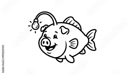 Cute pig angler fish cartoon mascot black and white fishing animal vector illustration isolated on white background