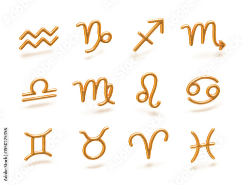 3D golden zodiac signs set isolated on white background. Star signs astrology horoscope. Realistic zodiac gold symbols. Astrological calendar collection, horoscope constellation vector illustration.