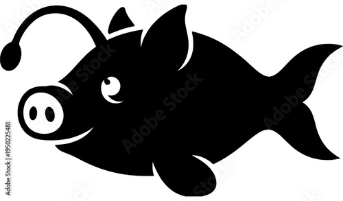 Pig angler fish silhouette fantasy fishing animal black and white vector graphic isolated on white background