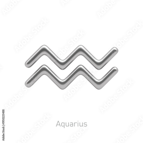 Aquarius silver zodiac sign on white background. Star sign for astrology horoscope. Luxury zodiac stylized symbol. 3D realistic silver design of horoscope constellation sign vector illustration.