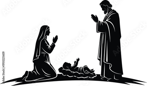 Black and white silhouette of the holy family with Mary and Joseph praying over baby Jesus Christ in a manger for Christmas Nativity. (25 words)