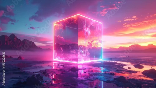 Neon cube illuminated against dramatic sky