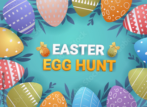 Easter eggs colorful hunt festive border decorated patterned oval shapes blue background leaves holiday celebration template
