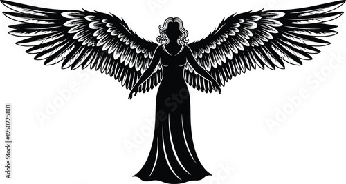 Black angel silhouette with large detailed wings, mystical heavenly guardian figure, spiritual symbol of protection, divine feminine angelic form isolated on light background