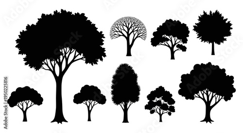 Collection of various tree silhouettes on white background.