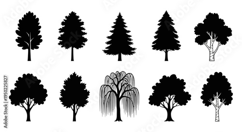 Collection of various tree silhouettes.