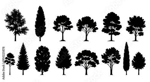 Collection of various tree silhouettes.