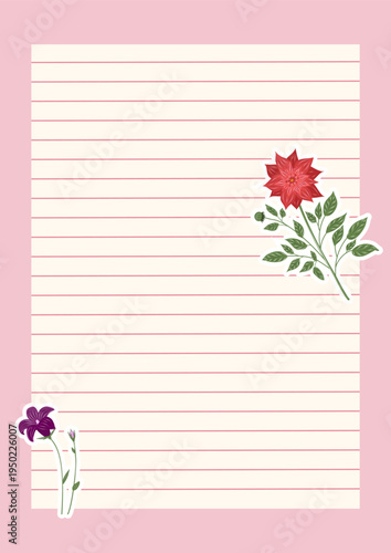 Pastel lined notebook page with decorative flower stickers and pink border. Cute stationery template for journaling, planners, notes and diary writing.
