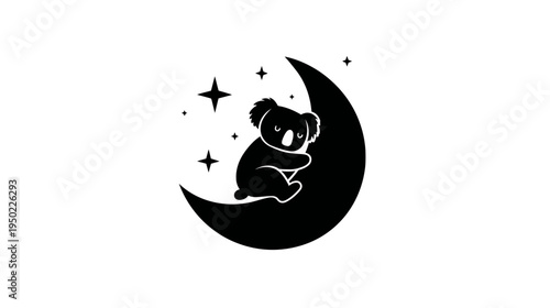 A sleeping marsupial sits on a crescent moon, surrounded by stars, against a white background
