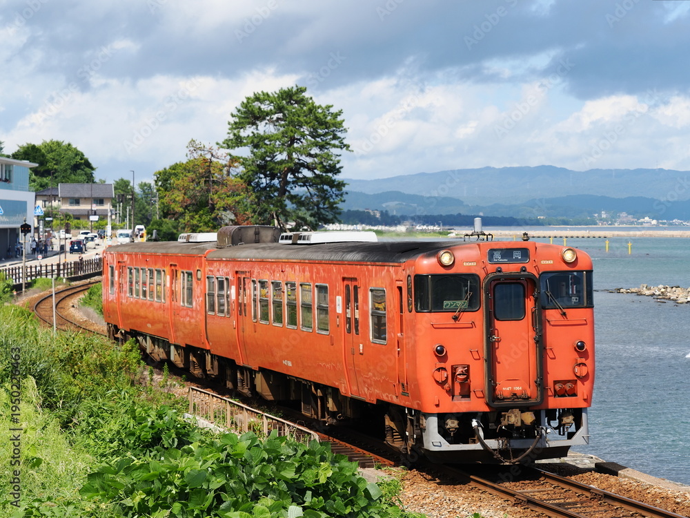 Obraz premium 氷見線 雨晴海岸を行くキハ47普通列車
