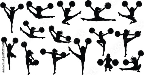 Black silhouette collection of female cheerleaders performing athletic jumps, acrobatic stunts, and high kicks with pom poms isolated on white background for sports design
(25 words)