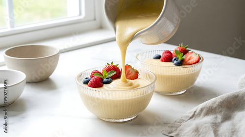 Smooth creamy vanilla custard generously poured into elegant glass bowls topped with fresh berries