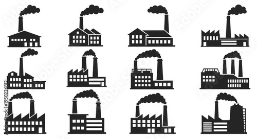 Collection of Factory Silhouettes with Smoke Stacks and Industrial Buildings.