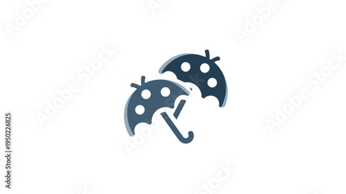 Illustration of two stylized umbrellas, each featuring white polka dots on their canopy