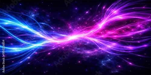 Abstract blue space background with glowing stars and colorful galaxy light pattern in a dark cosmic sky