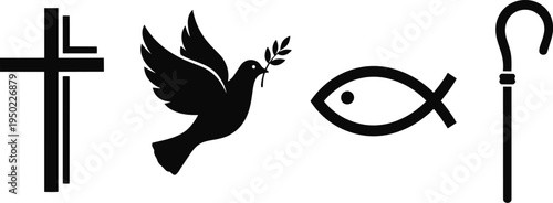 Black silhouette christian symbols cross dove fish staff faith peace worship design
