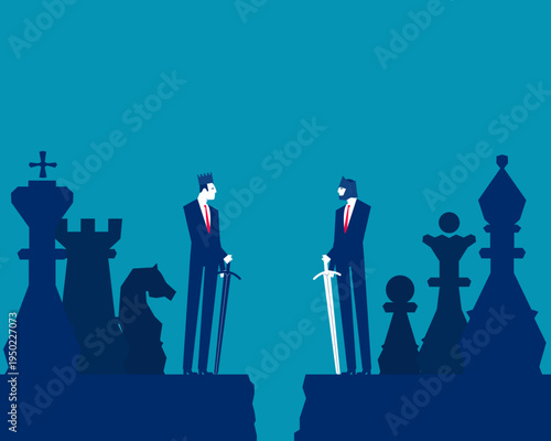 Global trade wars. Two traders with swords standing next to chess