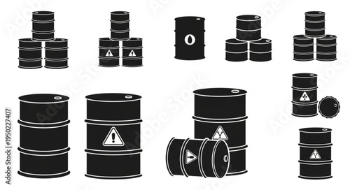Black and White Oil Drums with Warning Symbols.