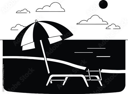 A minimalist black and white graphic illustration featuring a beach lounge chair under a parasol