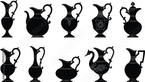 Collection of ornate antique pitcher silhouettes with decorative handles and spouts, classical ewer designs in black vector style for art history and design inspiration