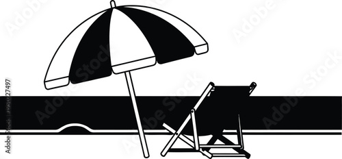 A minimalist black and white graphic illustration of a beach umbrella and a folding deck chair