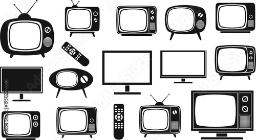 Collection of vintage and modern television icons with remote controls, showcasing evolution of TV design from retro rounded screens to sleek flat screen technology illustrations