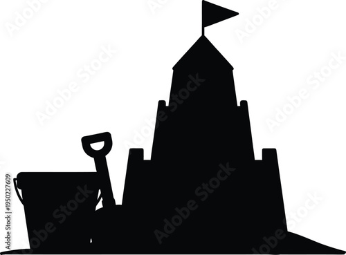 A black silhouette of a sandy castle structure with a bucket and shovel isolated on white background