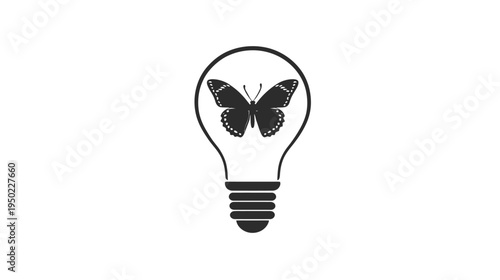 Black and white illustration of a butterfly inside a lightbulb, symbolizing insight