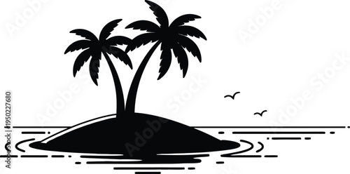 A minimalist black and white vector illustration of a tropical island with two palm tree silhouettes