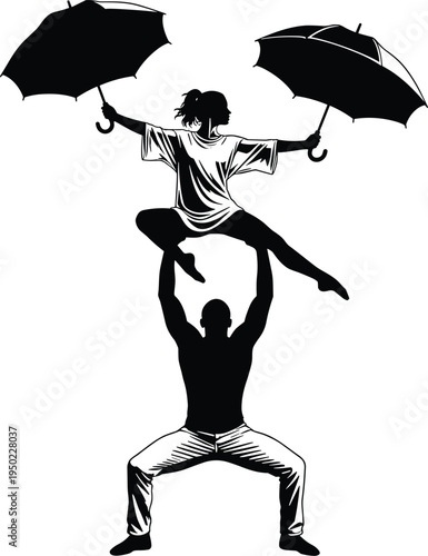 Dynamic acrobatic silhouette of man lifting woman with umbrellas in artistic balance pose, symbolizing strength, dance, performance, coordination, and creative movement in black and white illustration