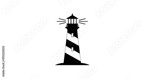 A tall lighthouse with alternating black and white stripes and a light source