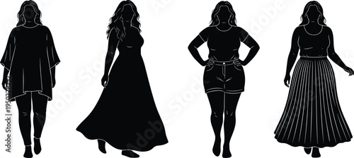 Fashion silhouette illustration of four stylish women in diverse clothing styles including tunic, maxi dress, shorts, and pleated skirt for modern design inspiration