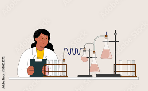 Female scientist recording data in laboratory with distillation equipment, pharmaceutical research and chemical experiment concept, minimalist flat vector illustration.