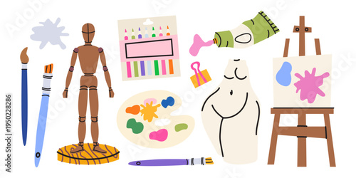 Artistic tools and supplies flat vector illustration set. Hand drawn art materials, brushes, paints, sketchbook, mannequin and abstract creative elements. Art school and creativity concept