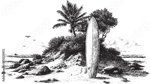 A surfboard stuck vertically in a pile of sand, minimalist vector illustration.