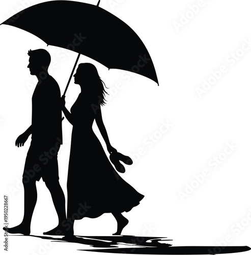 Silhouette of two people walking together under umbrella, companionship and intimacy concept, shadow illustration depicting friendship, care, protection, lifestyle and emotional connection