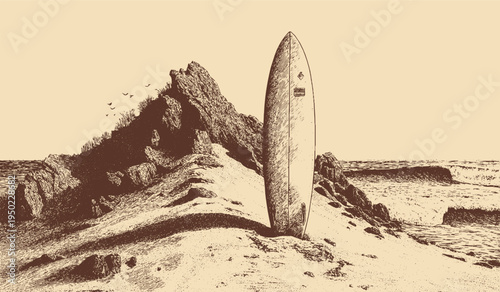 A surfboard stuck vertically in a pile of sand, minimalist vector illustration.