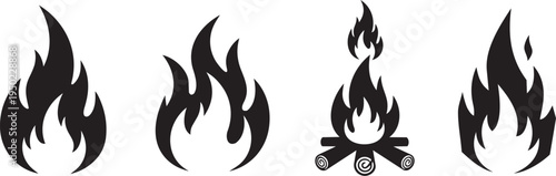  Black silhouette flame icons with fire campfire logs design abstract vector minimal style