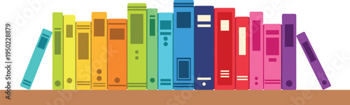 Colorful binders on a brown shelf against white background books folders