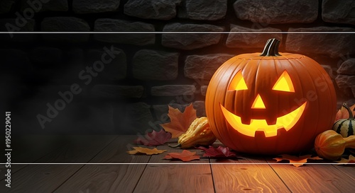 Illuminated carved squash sits upon wooden planks against a dark stone background with scattered foliage