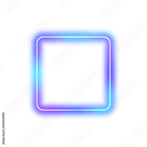 Glowing neon square frame with smooth gradient edges floating over a dark background. The luminous border radiates soft blue and purple light with futuristic depth. PNG