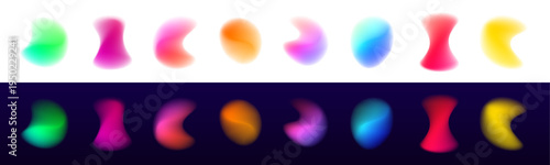 Floating liquid blobs in neon gradient colors, softly blurred on a transparent PNG background. Perfect for UI design, posters, and banners. Smooth glowing edges enhance visual appeal.