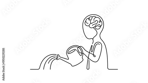 Person Watering Brain Continuous Single Line Minimalist Nurturing Mind Line Art Illustration