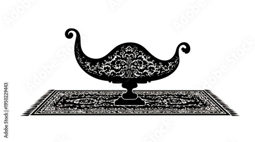A black and white illustration of an ornate lamp with detailed patterns atop a decorated rug